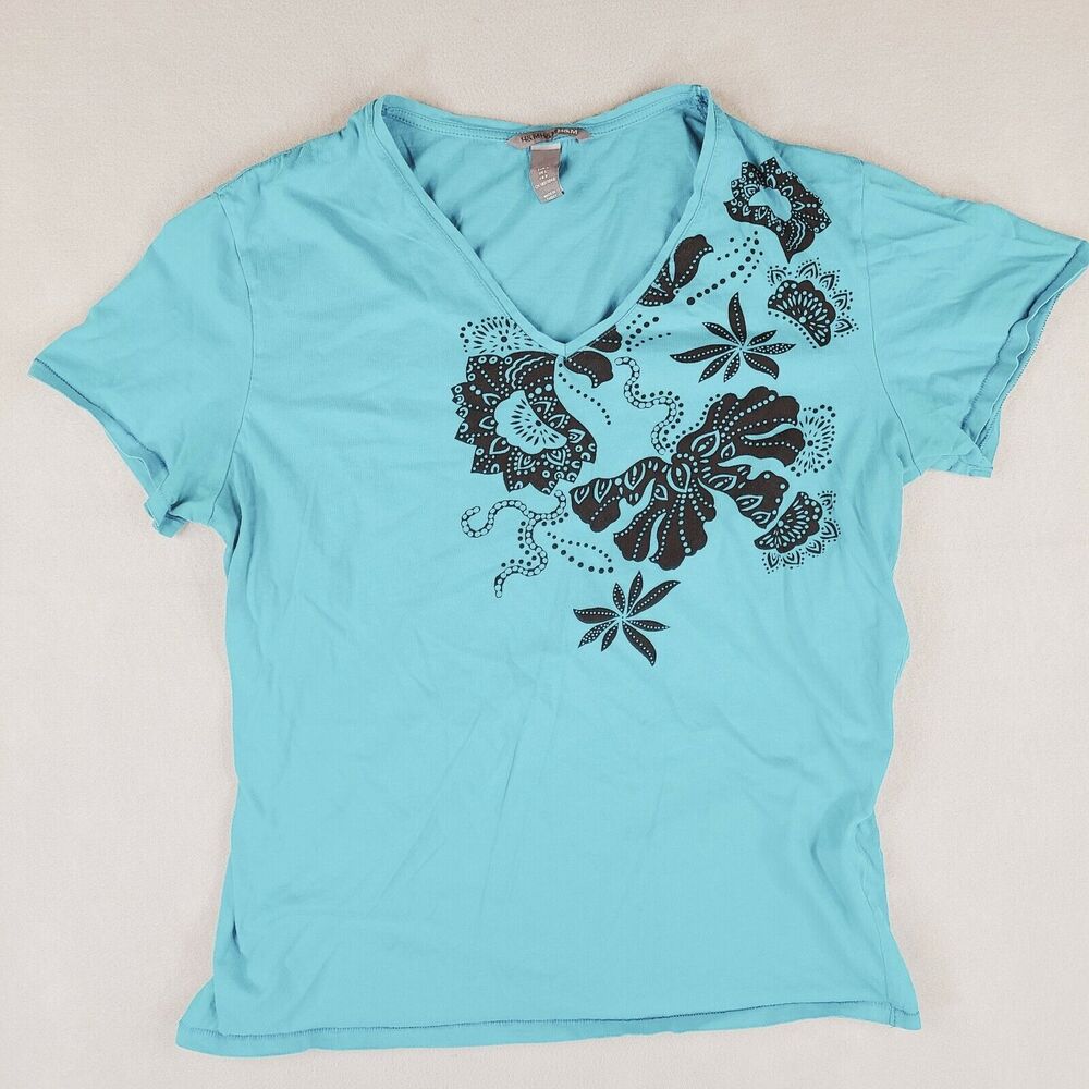 H&M Basic V-Neck Short‎ Sleeve T-Shirt Women's Size Large Aqua Blue